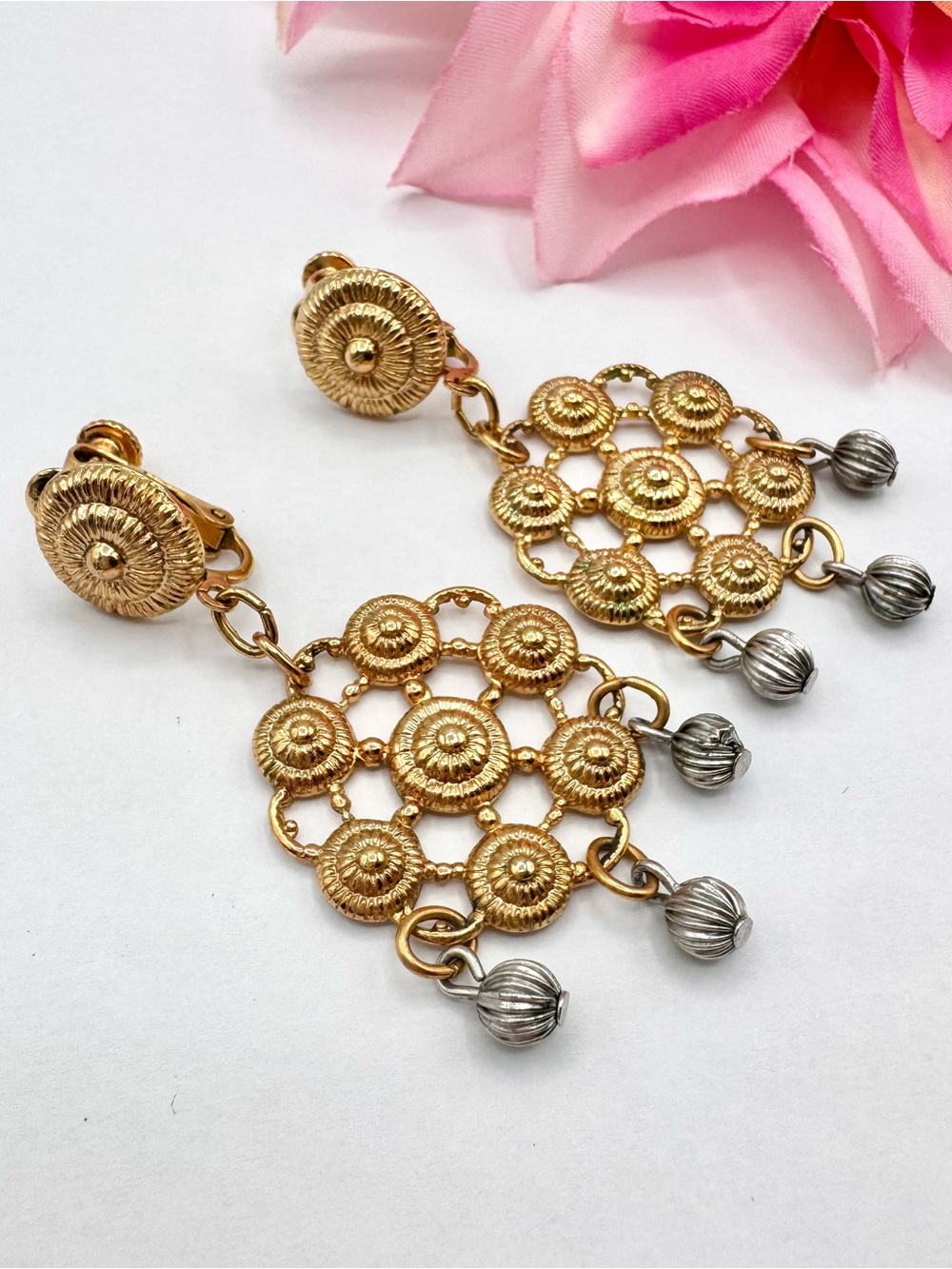 Vintage Napier Etruscan Revival Clip On Earrings Openwork Medallion Signed